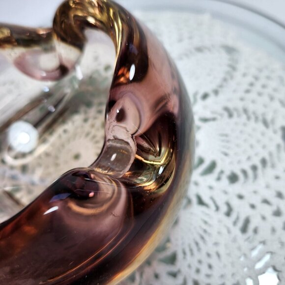 Art Glass Bowl Purple and Amber Rolled Edge Mid Century Home Decor - Picture 8 of 11